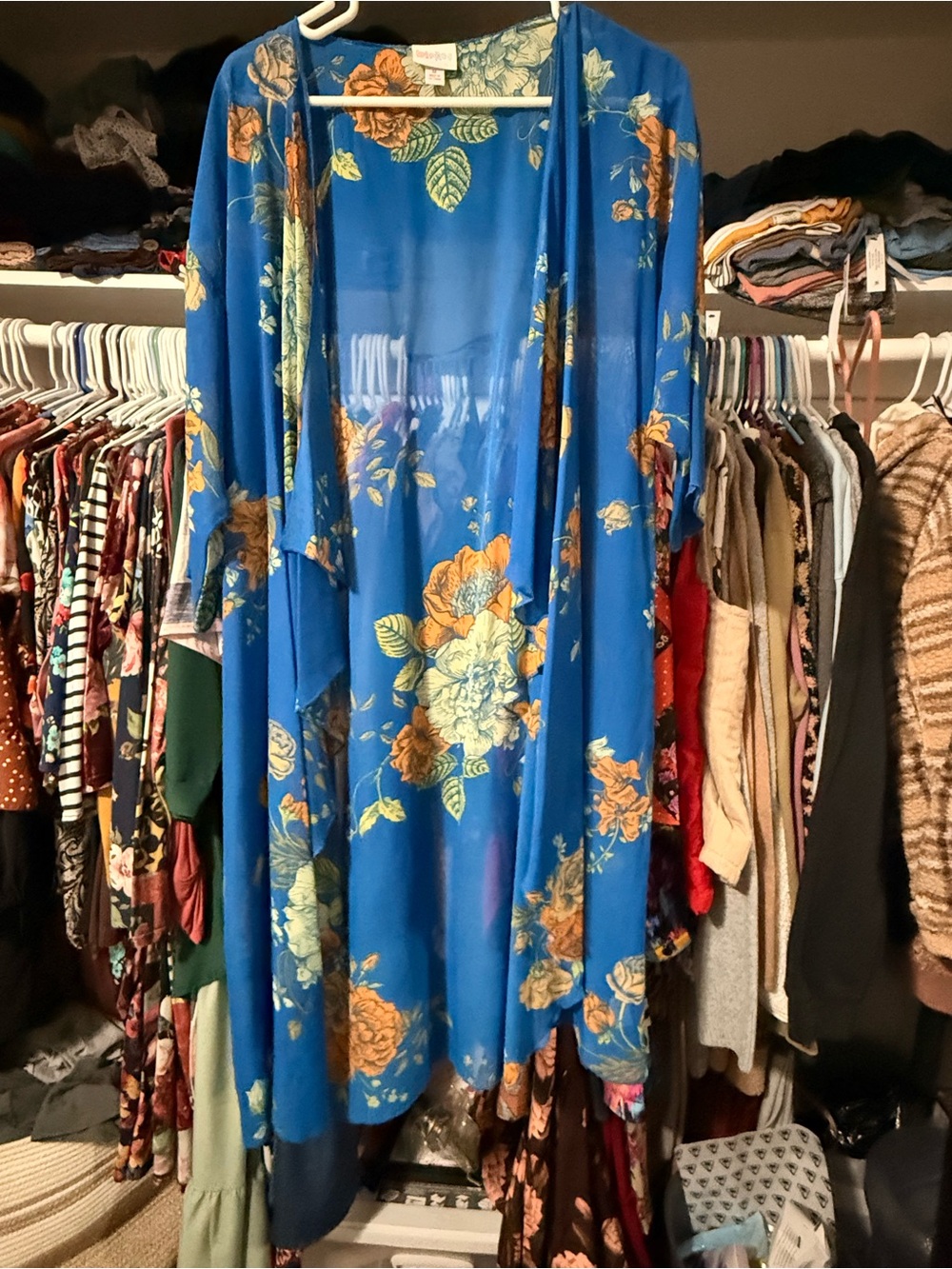 LuLaRoe Blue Floral Sheer Cover-Up with Yellow and Orange Accents